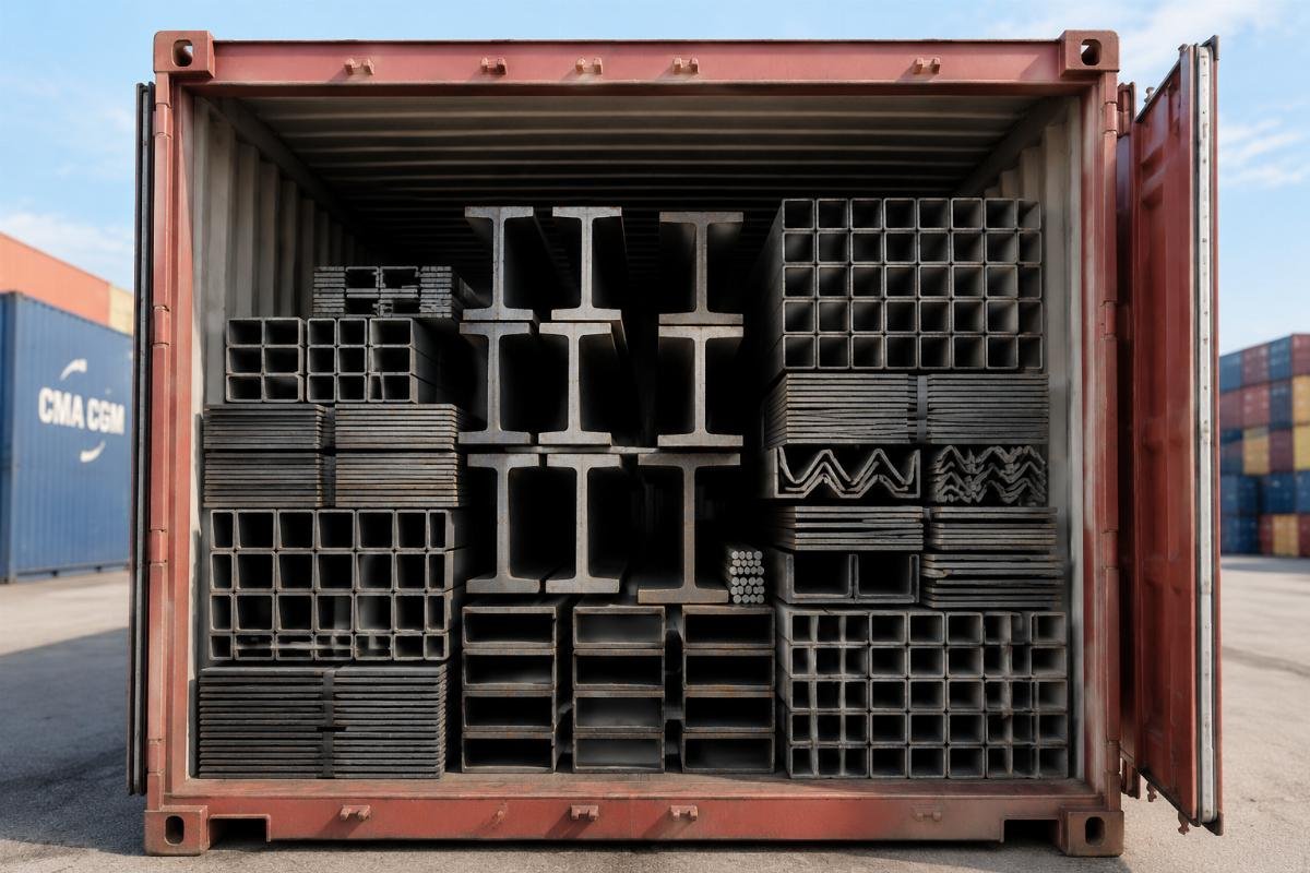 3D rendering of a mixed container load showing H-beams, plates, and hollow sections arranged to minimize empty space