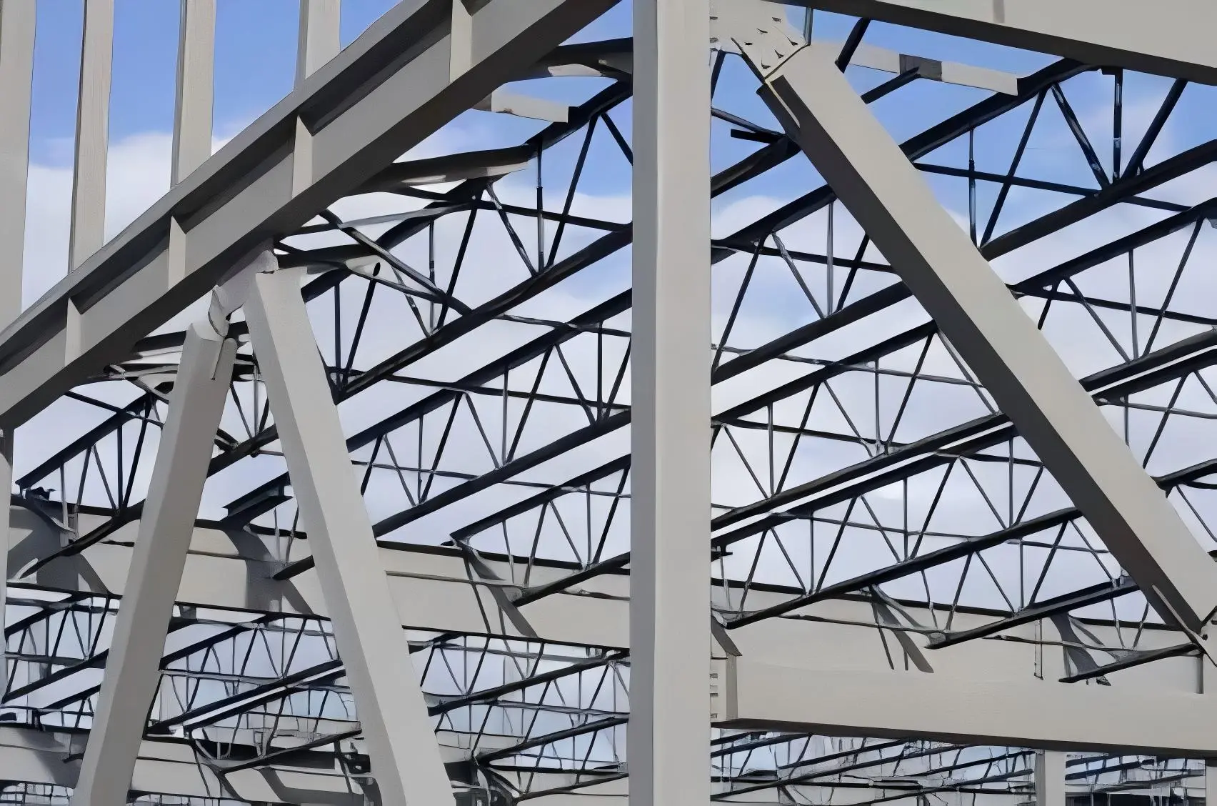 Fabricated steel columns and beams loaded for shipment to a European warehouse project