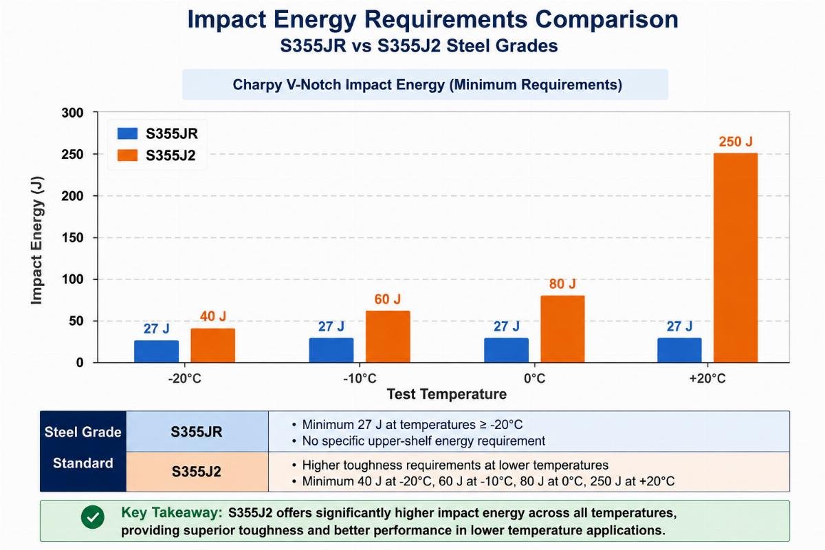 Chart comparing impact energy requirements for S355JR and S355J2 steel grades