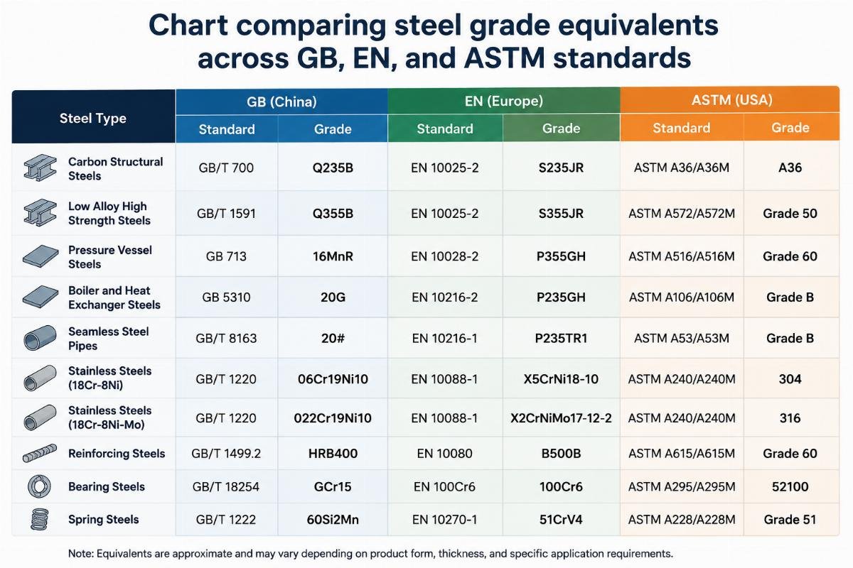 Chart comparing steel grade equivalents across GB, EN, and ASTM standards