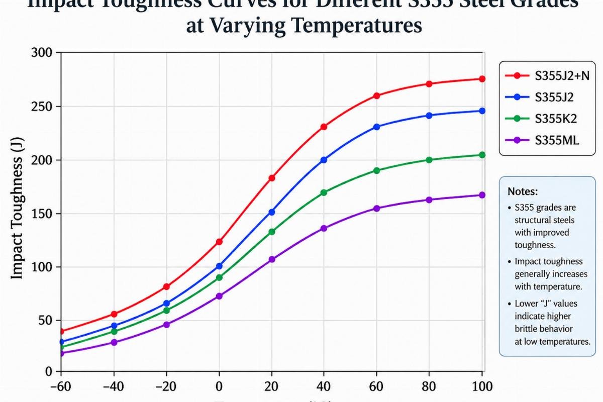 Chart illustrating the impact toughness curves for different S355 steel grades at varying temperatures