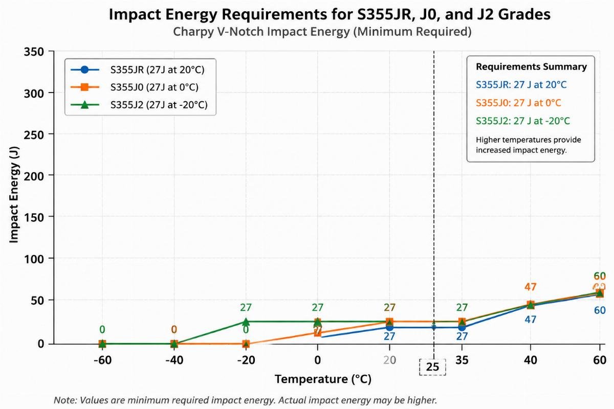 Chart showing the impact energy requirements for S355JR, J0, and J2 grades at different temperatures
