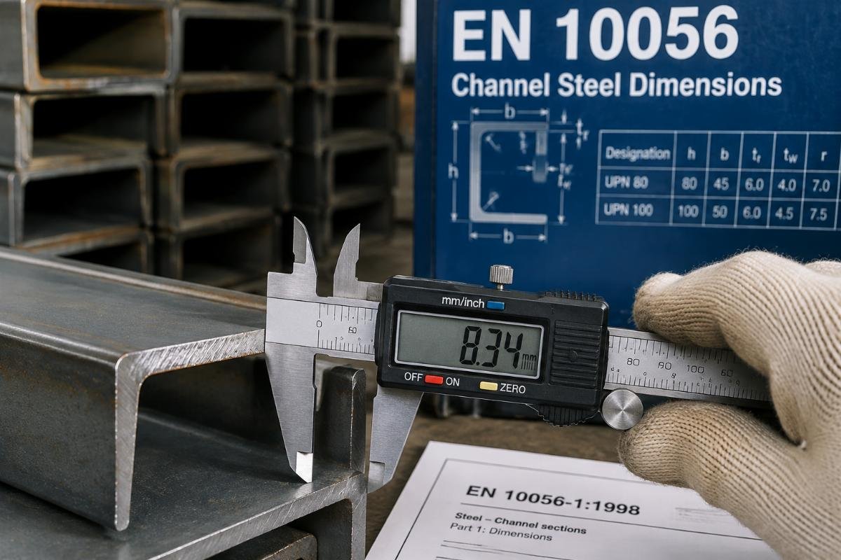 Close-up inspection of channel steel flange thickness using digital calipers against EN 10056 standards