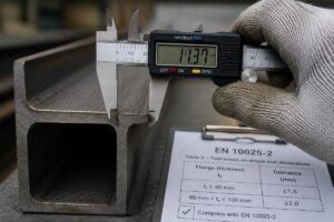 Close-up inspection of narrow flange beam flange thickness using digital calipers to verify EN standard compliance