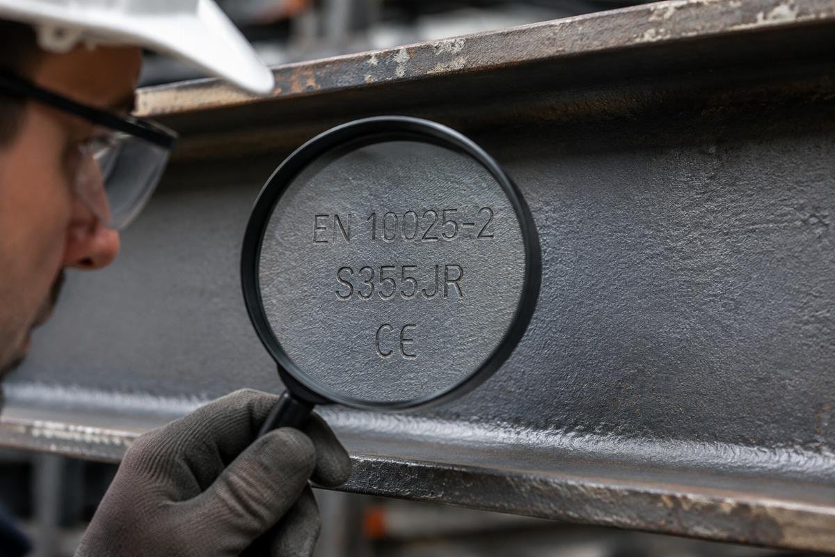 Close-up inspection of steel beam surface and mill stamp showing EN standard compliance