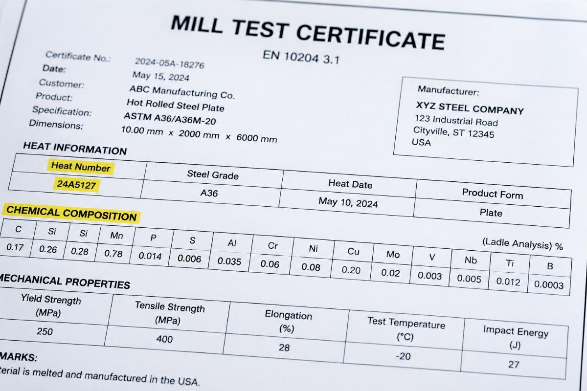 Close-up of a Mill Test Certificate highlighting heat number and chemical composition sections