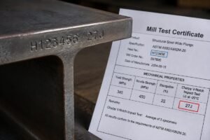 Close-up of a steel beam flange showing stamped heat number next to a printed Mill Test Certificate highlighting the 27J impact value