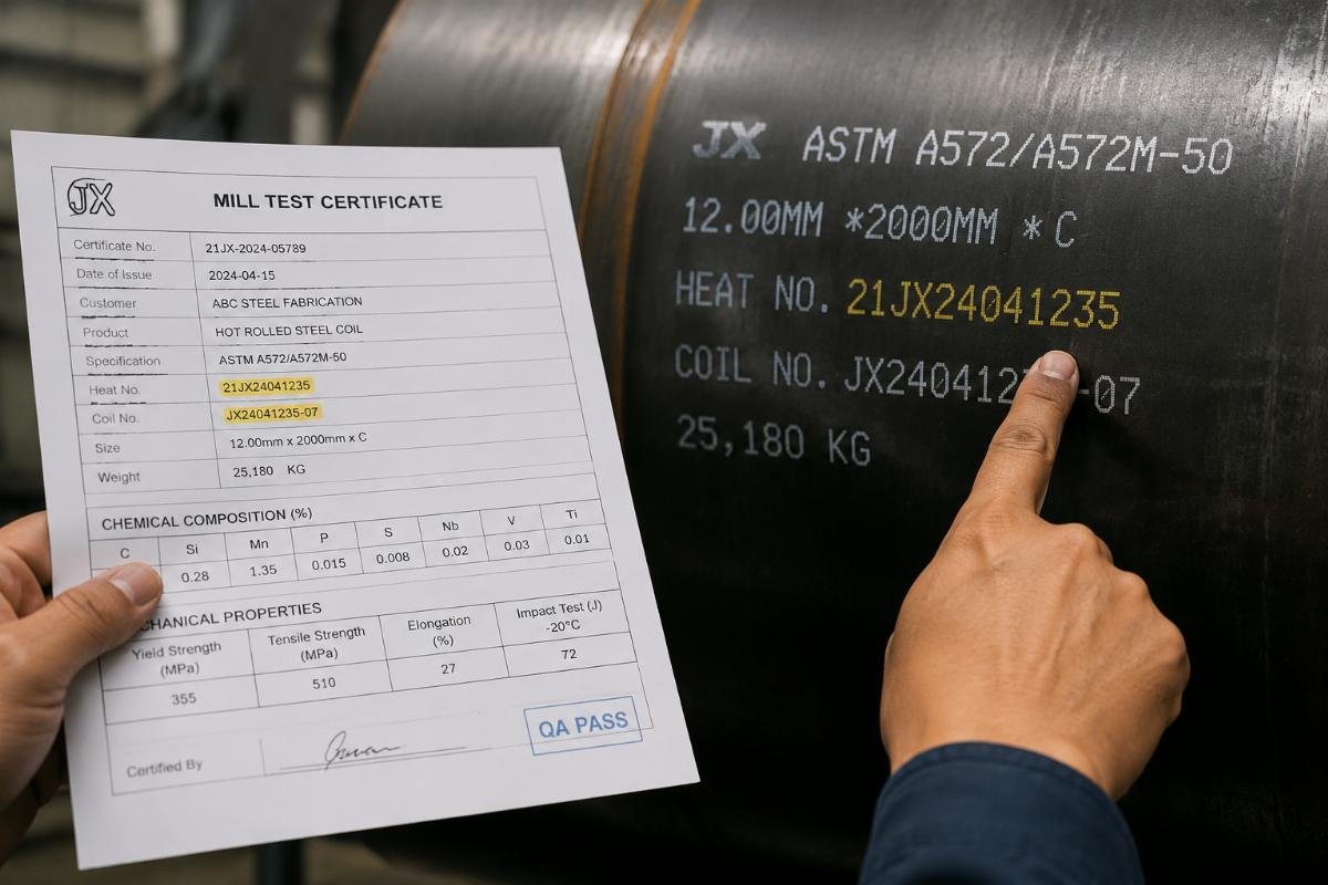 Close-up of mill test certificate verification against physical steel markings