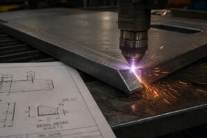 Close-up of plasma cutting torch creating precise bevel edges on a thick steel plate according to engineering drawings