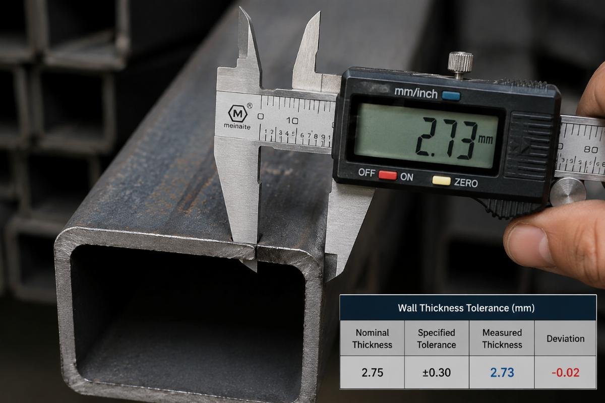 Close-up view of a caliper measuring wall thickness on a structural steel tube showing tolerance deviation