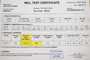 Close-up view of a mill test certificate highlighting thickness group and yield strength values for S355J2 steel