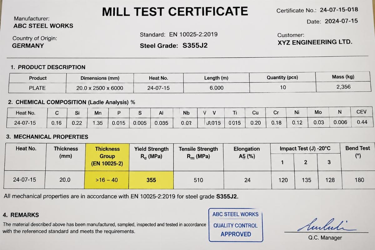 Close-up view of a mill test certificate highlighting thickness group and yield strength values for S355J2 steel