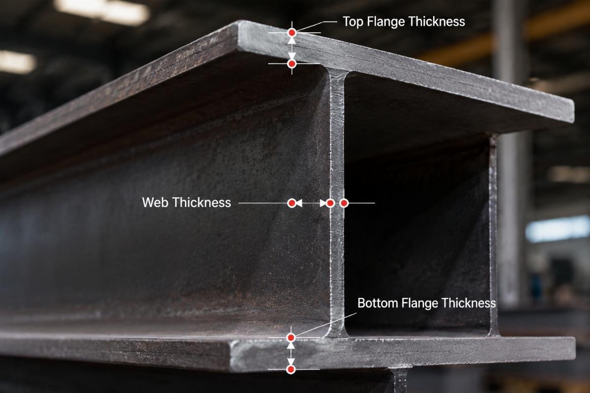 Close-up view of a wide flange beam end showing web and flange thickness measurement points for quality control