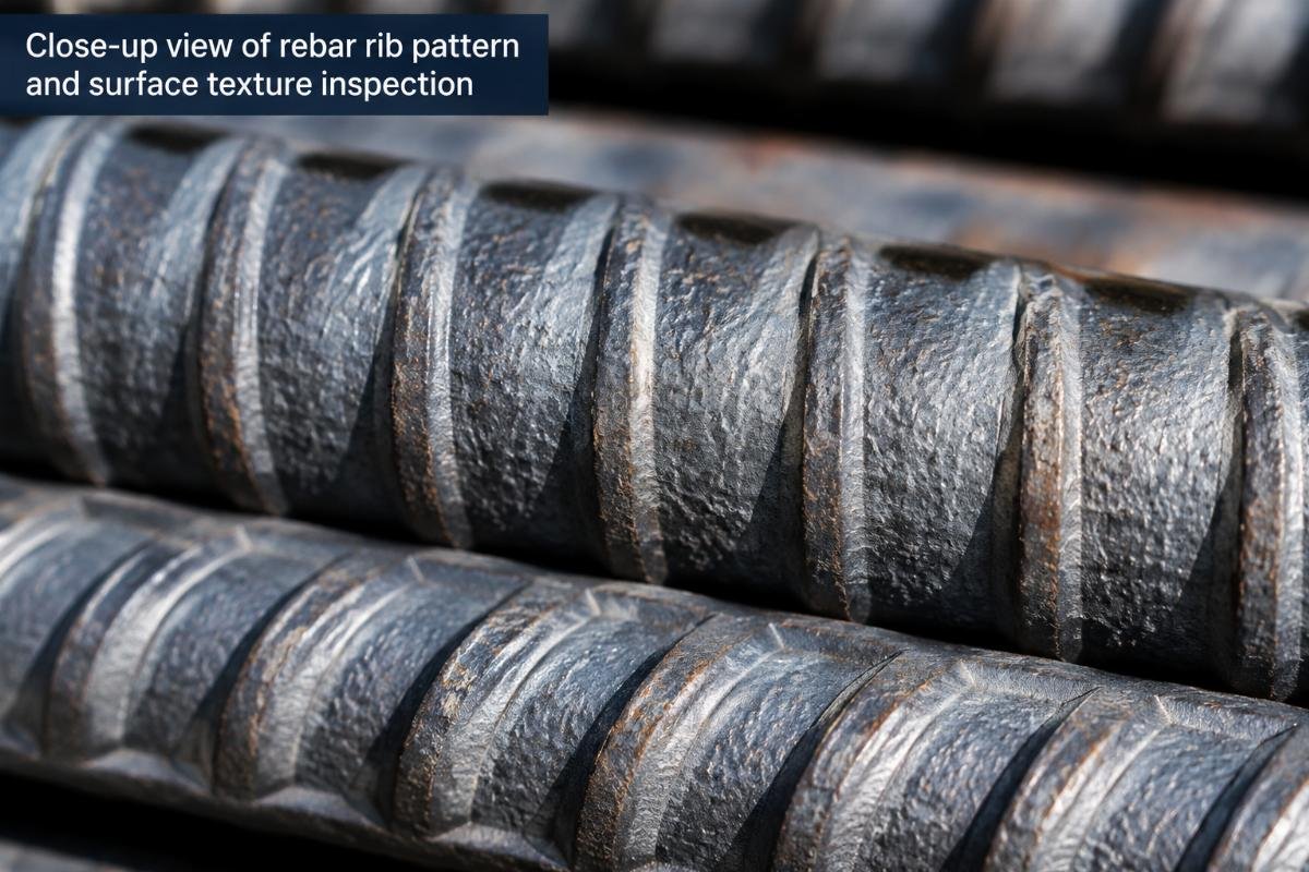 Close-up view of rebar rib pattern and surface texture inspection
