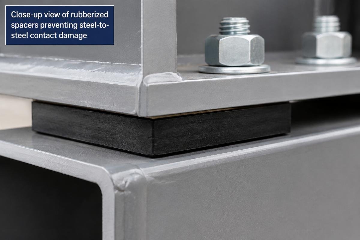 Close-up view of rubberized spacers preventing steel-to-steel contact damage