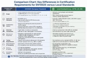 Comparison chart showing key differences in certification requirements for EN10025 versus local standards