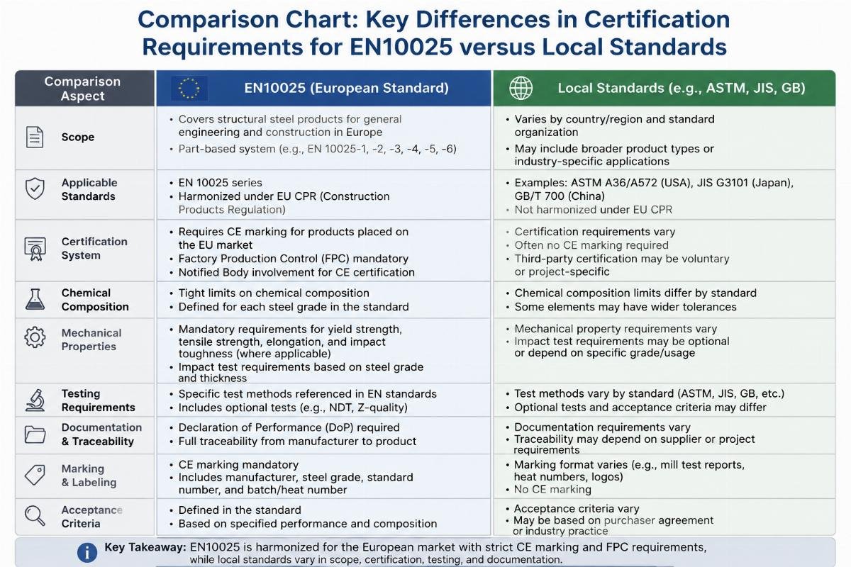 Comparison chart showing key differences in certification requirements for EN10025 versus local standards