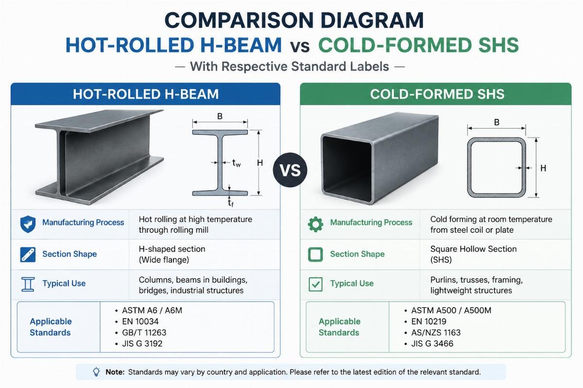 Comparison diagram showing hot-rolled H-beam vs cold-formed SHS with respective standard labels
