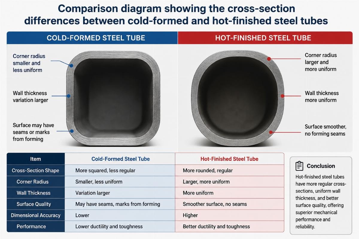 Comparison diagram showing the cross-section differences between cold-formed and hot-finished steel tubes