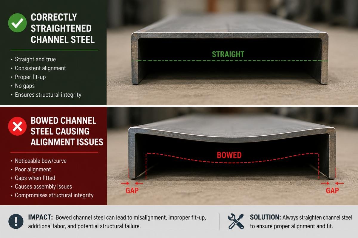 Comparison of correctly straightened channel steel versus bowed stock causing alignment issues