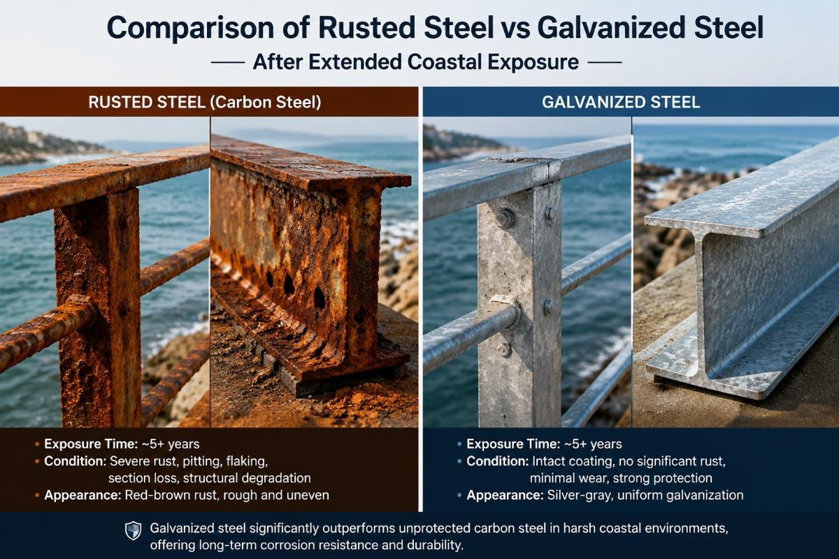 Comparison of rusted steel vs galvanized steel after extended coastal exposure
