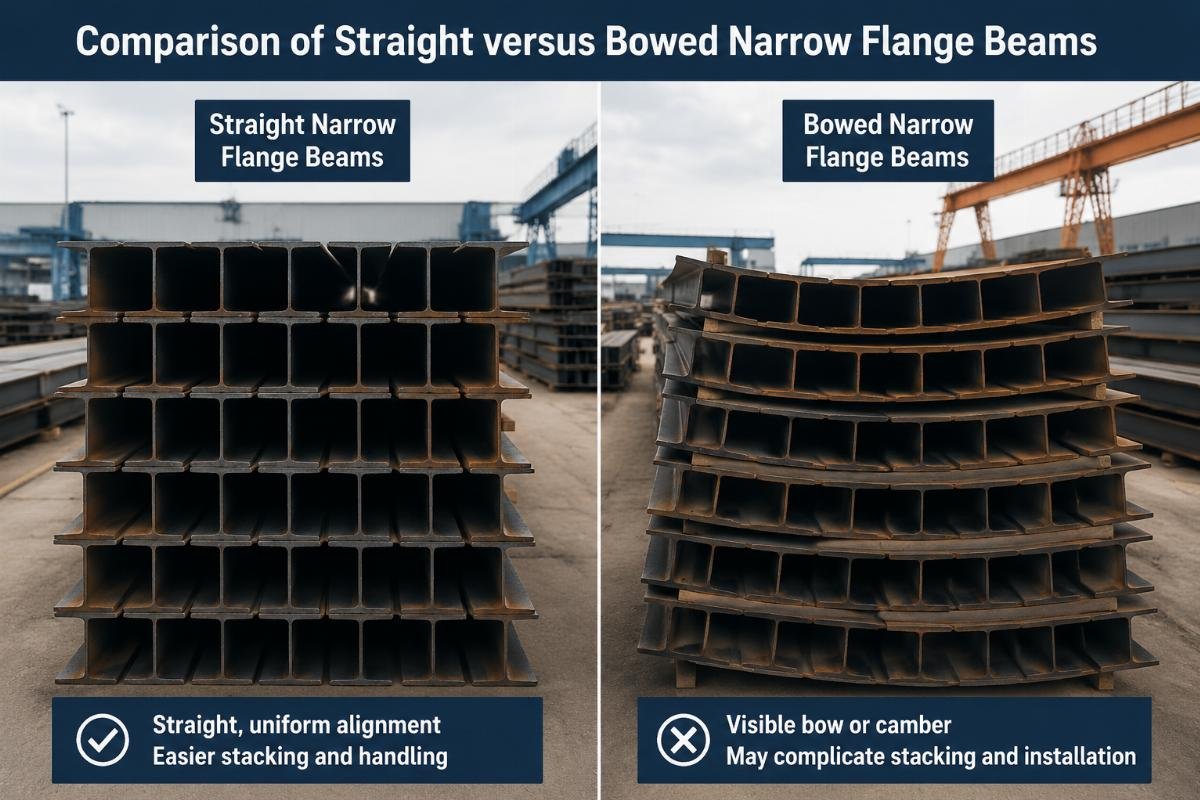 Comparison of straight versus bowed narrow flange beams stacked in a warehouse yard