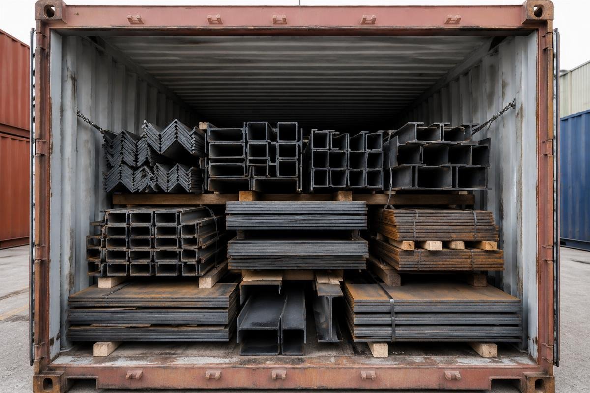 Container loaded with mixed structural steel products including channels, beams, and plates