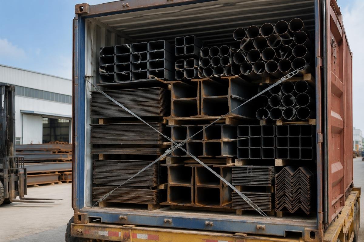 Container loading of mixed structural steel products including beams, pipes, and plates for consolidated shipping