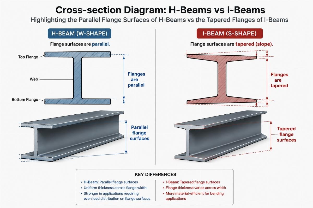 Cross-section diagram highlighting the parallel flange surfaces of H-beams versus the tapered flanges of I-beams