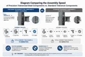 Diagram comparing the assembly speed of precision-toleranced steel components versus standard tolerance components
