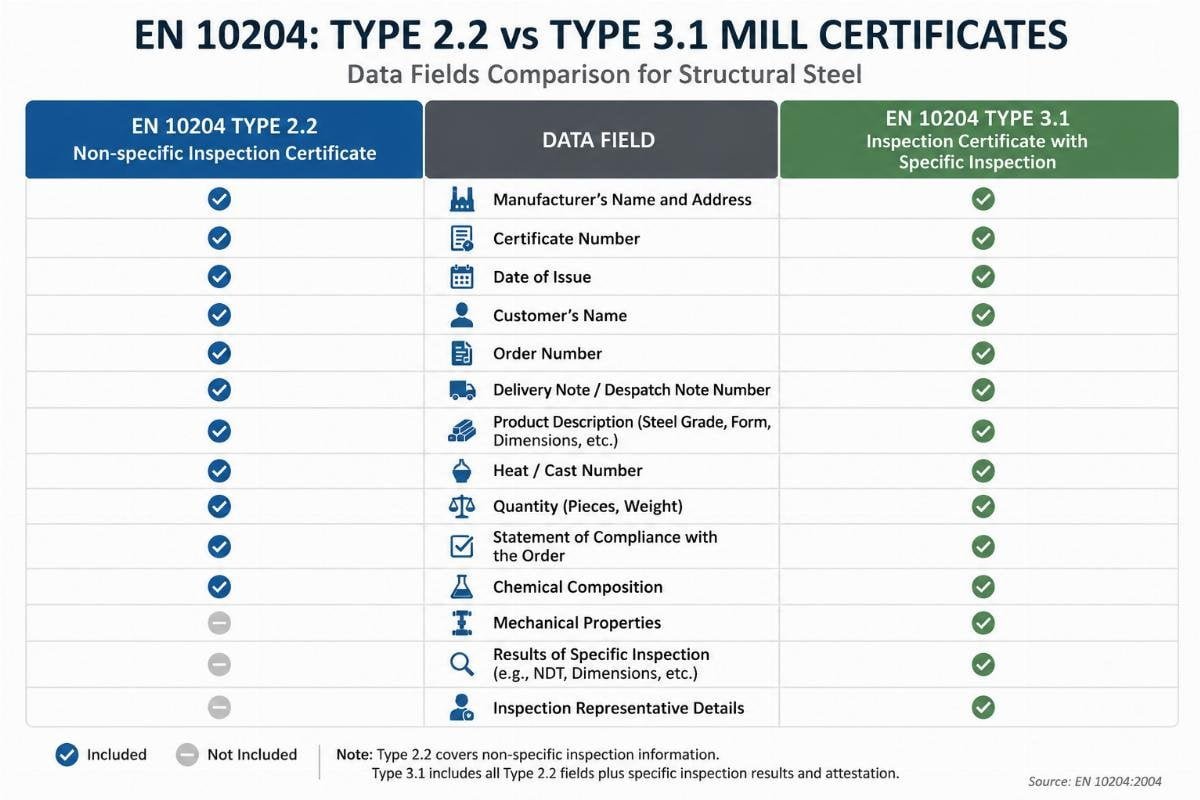 Diagram comparing the data fields required in EN 10204 Type 2.2 versus Type 3.1 mill certificates for structural steel