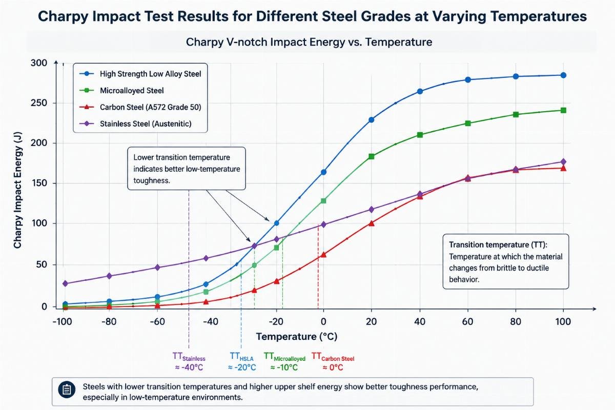 Diagram illustrating Charpy impact test results for different steel grades at varying temperatures