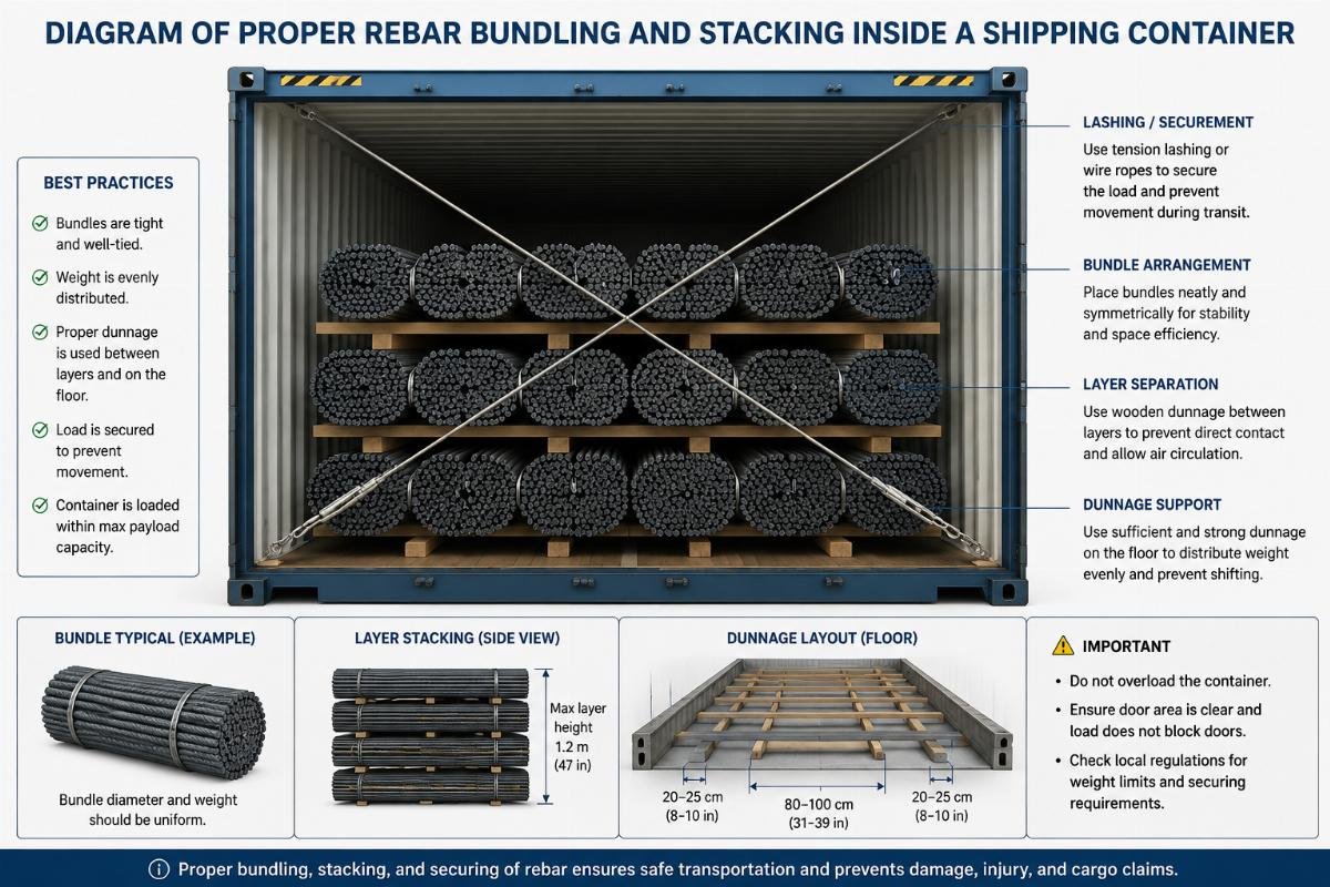 Diagram of proper rebar bundling and stacking inside a shipping container