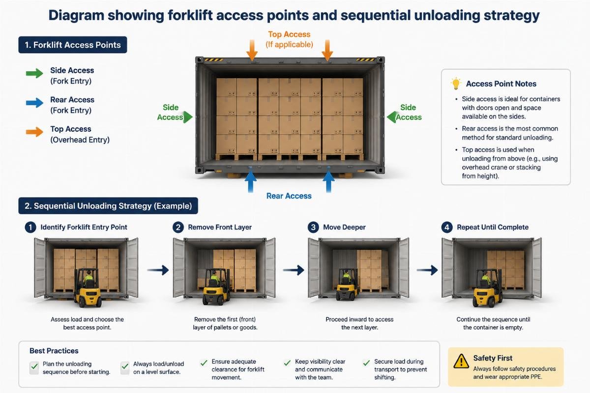 Diagram showing forklift access points and sequential unloading strategy