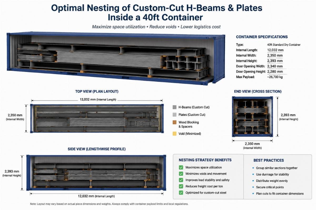 Diagram showing optimal nesting of custom-cut H-beams and plates inside a 40ft container to maximize space utilization