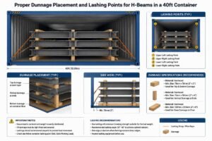Diagram showing proper dunnage placement and lashing points for H-beams in a 40ft container