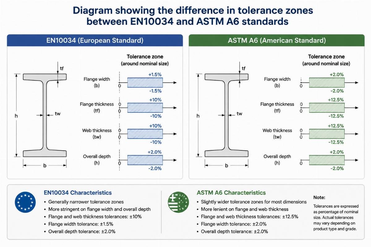Diagram showing the difference in tolerance zones between EN10034 and ASTM A6 standards