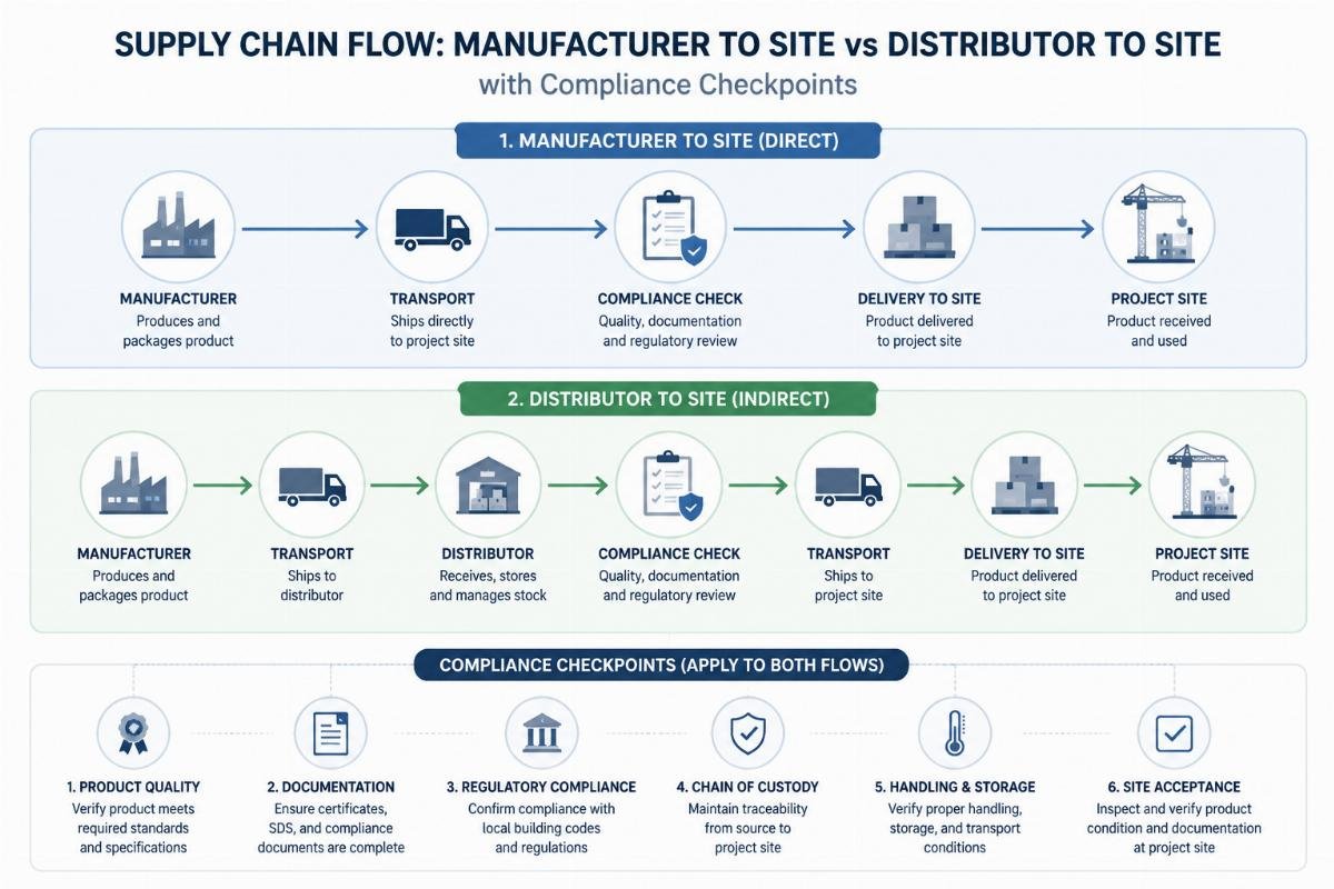 Diagram showing the supply chain flow from manufacturer to site versus distributor to site with compliance checkpoints