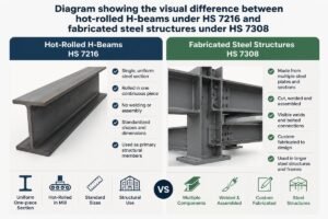 Diagram showing the visual difference between hot-rolled H-beams under HS 7216 and fabricated steel structures under HS 7308
