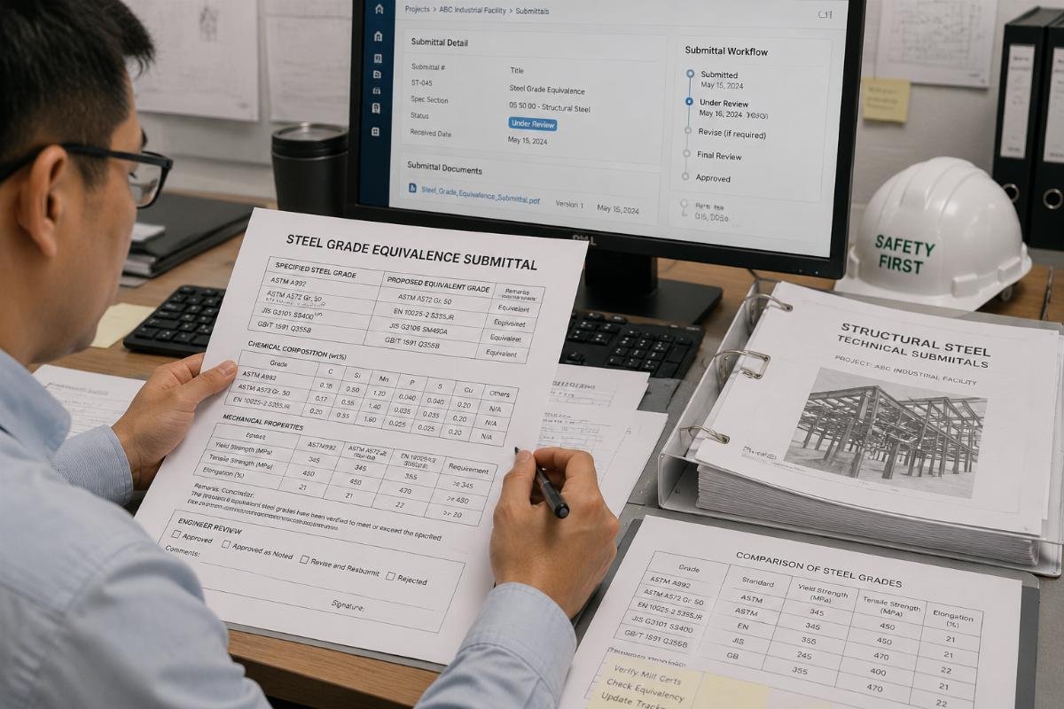 Engineer reviewing technical submittal documents for steel grade equivalence approval