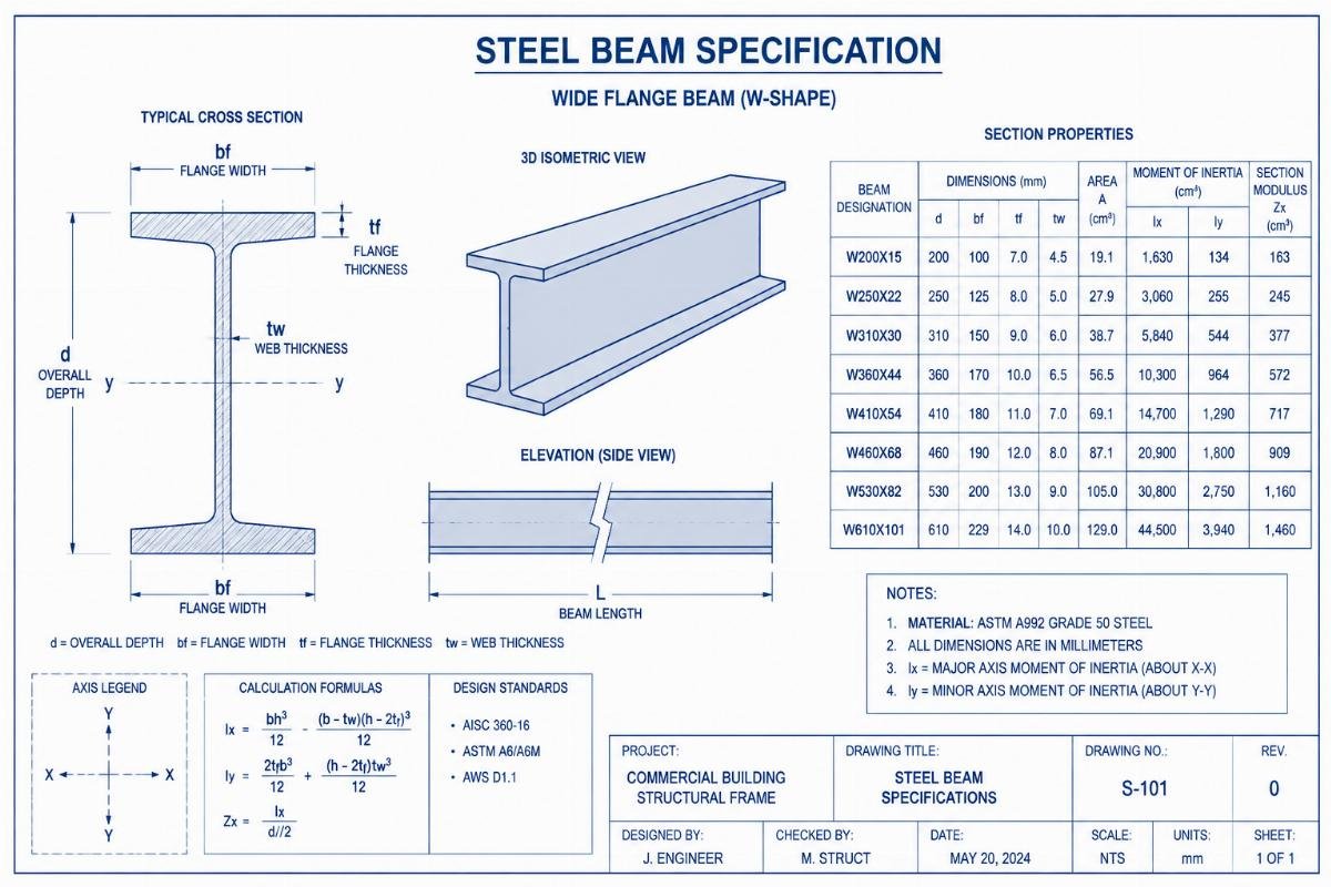 Engineering blueprint showing detailed beam specifications including flange width and moment of inertia values