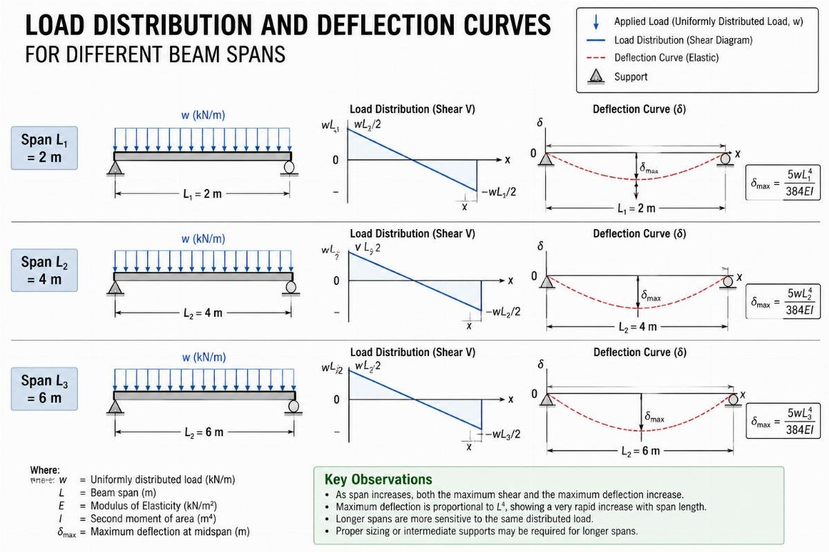 Engineering schematic showing load distribution and deflection curves for different beam spans