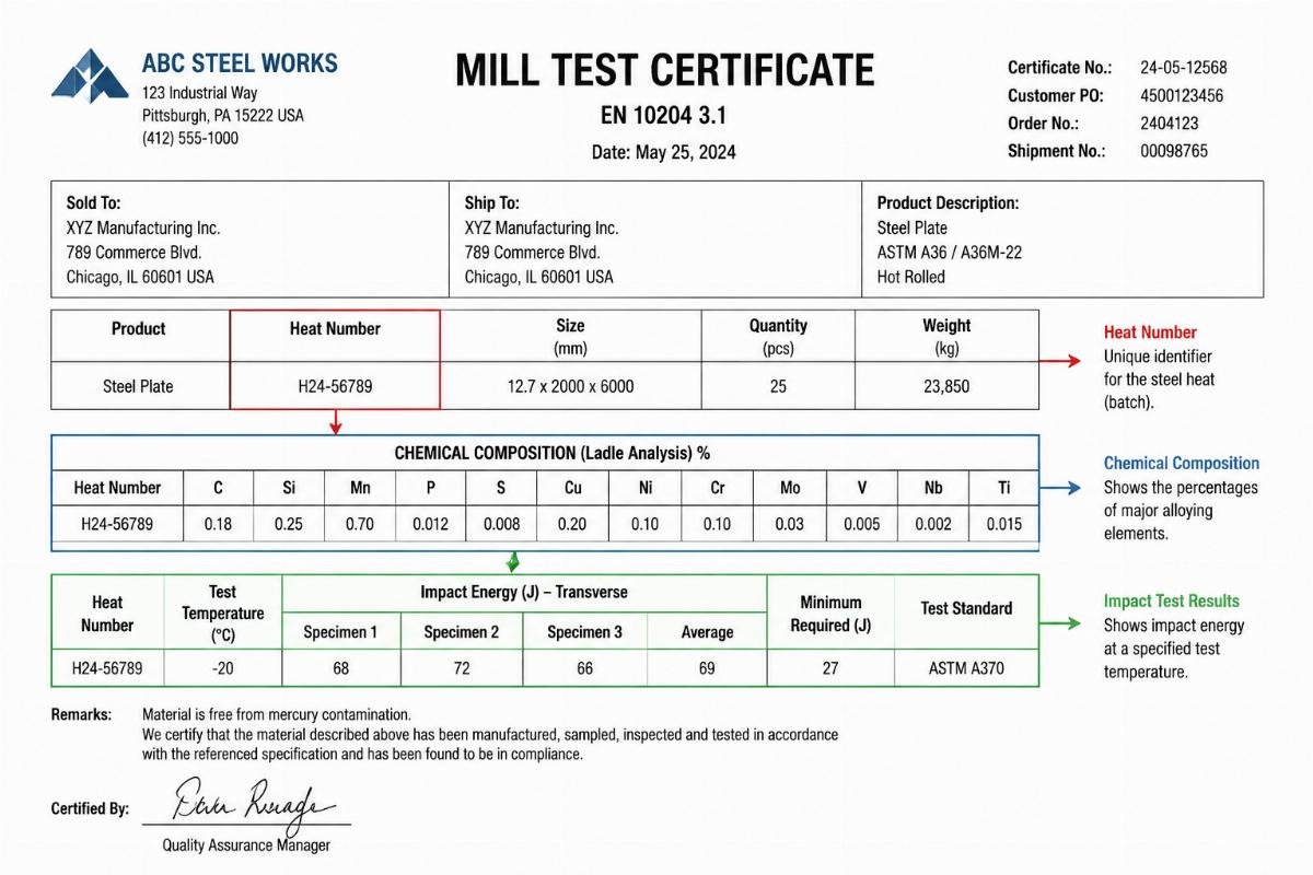 Example of a Mill Test Certificate highlighting the heat number, chemical composition, and impact test results
