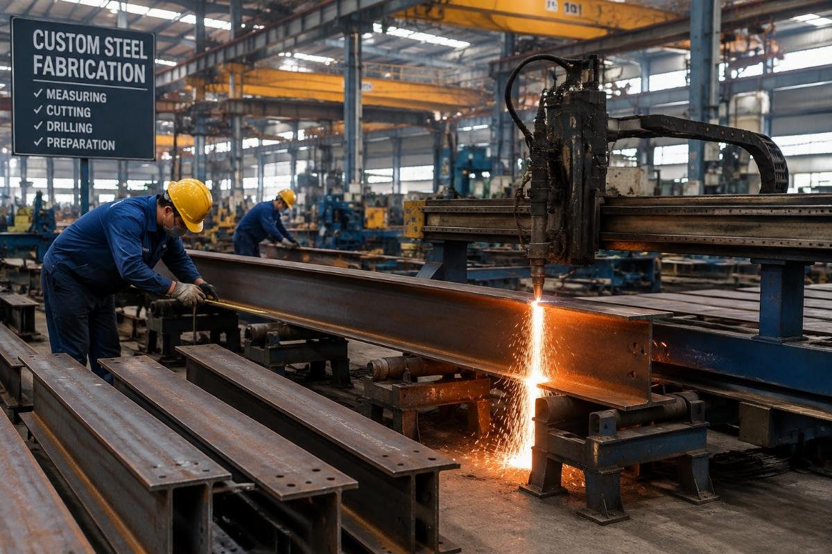 Factory floor showing custom cutting and preparation of structural steel beams