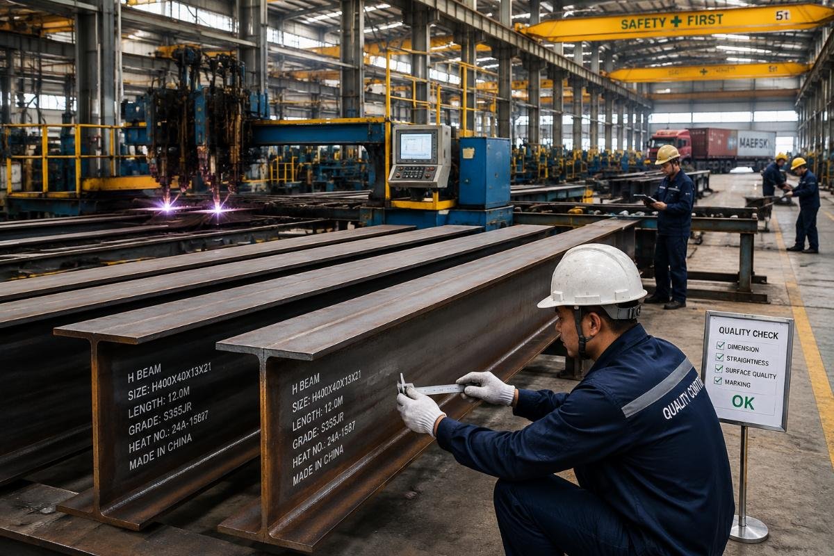 Factory floor showing custom cutting and surface treatment of H-beams for export, with quality control checks in progress