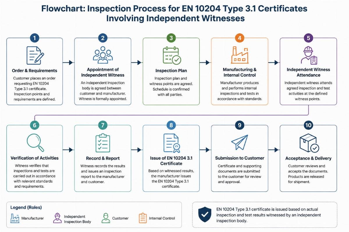 Flowchart illustrating the inspection process for EN 10204 Type 3.1 certificates involving independent witnesses