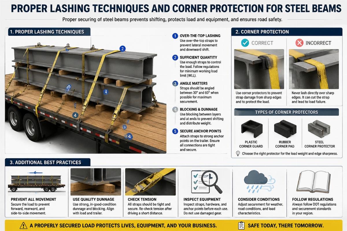 Illustration of proper lashing techniques and corner protection for steel beams