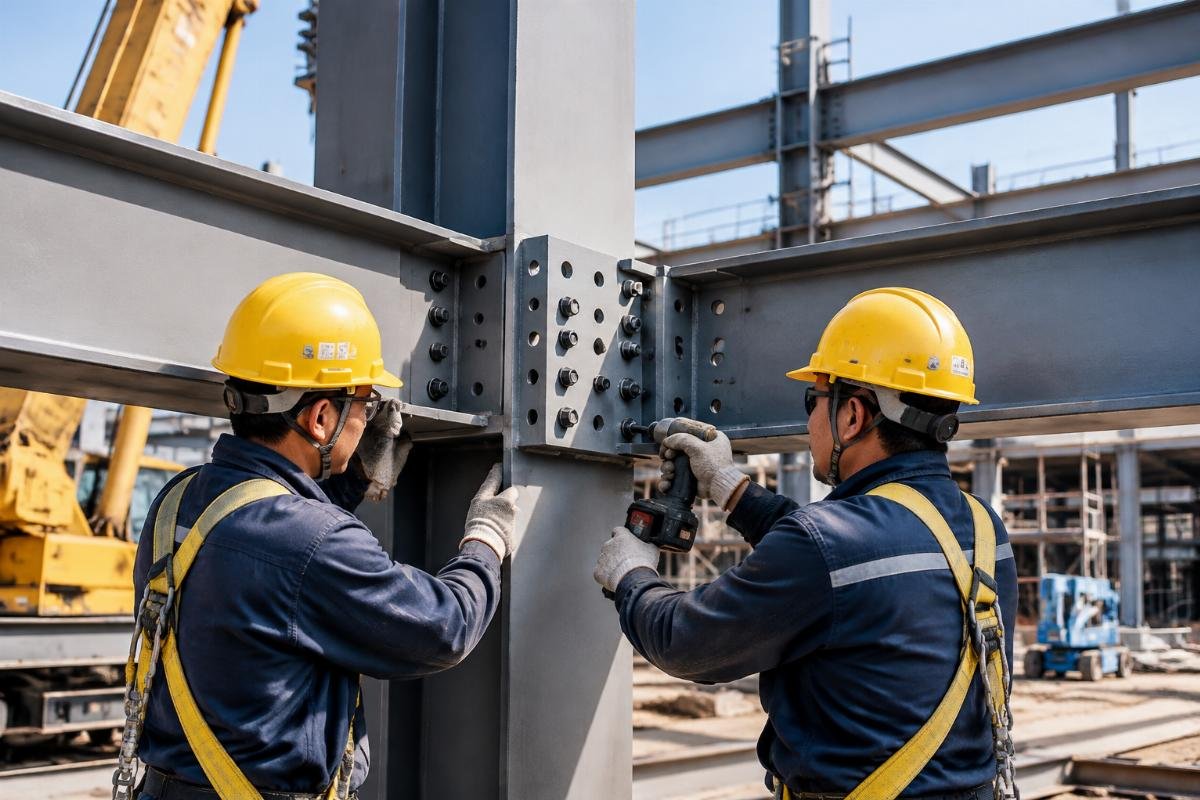 Image of a construction site showing workers easily bolting together pre-fabricated steel components with aligned holes