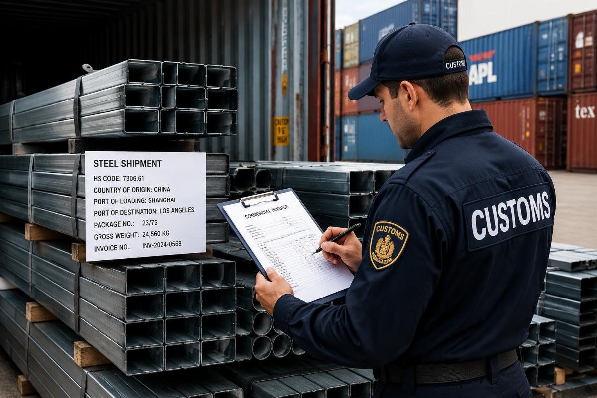 Image of a customs officer inspecting a steel shipment with a clipboard, highlighting the importance of accurate documentation