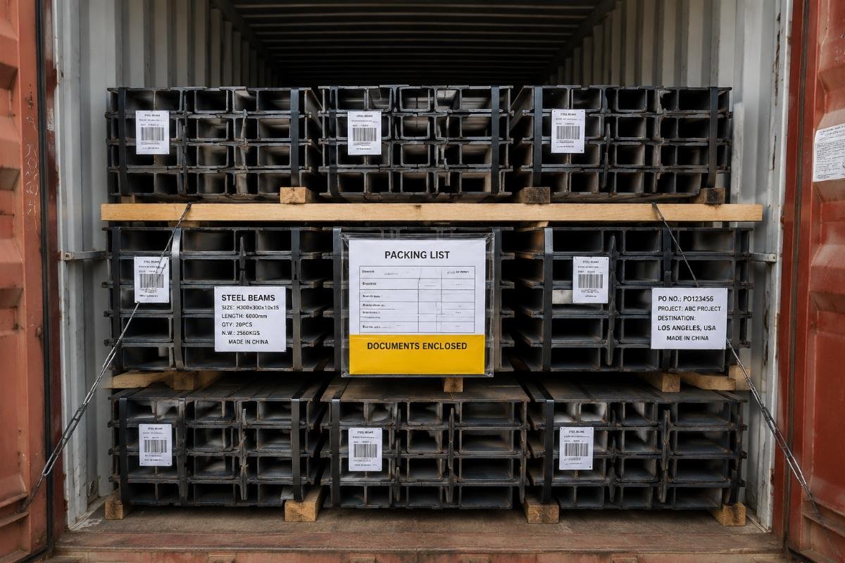 Image of a neatly packed container of steel beams with clear labeling and documentation attached